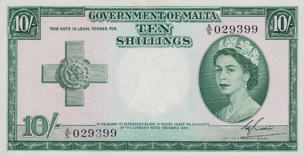 Front of Malta p23a: 10 Shillings from 1954