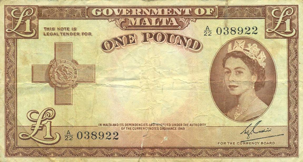 Front of Malta p24a: 1 Pound from 1954