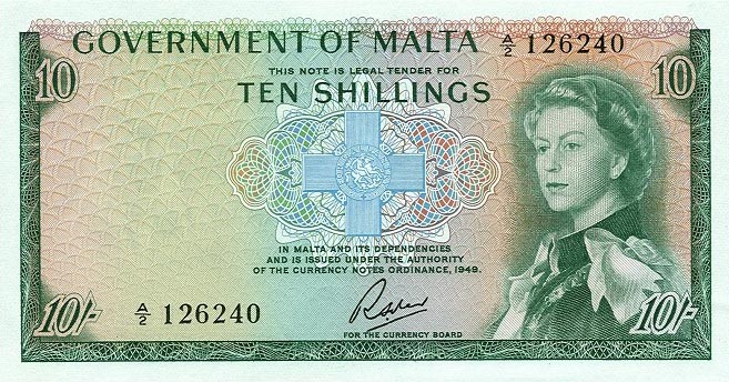 Front of Malta p25a: 10 Shillings from 1949