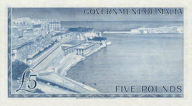 Back of Malta p27a: 5 Pounds from 1949
