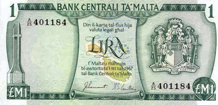 Front of Malta p31a: 1 Lira from 1973