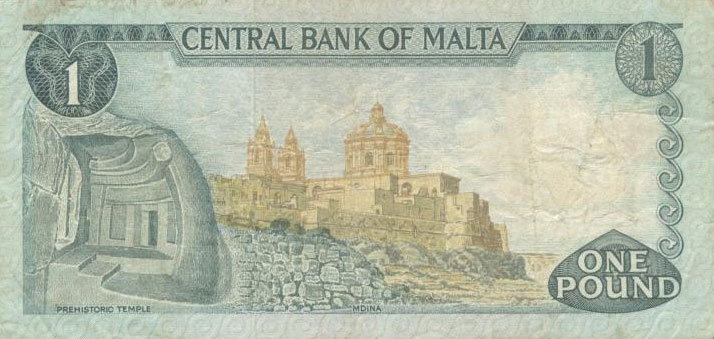 Back of Malta p31c: 1 Lira from 1973