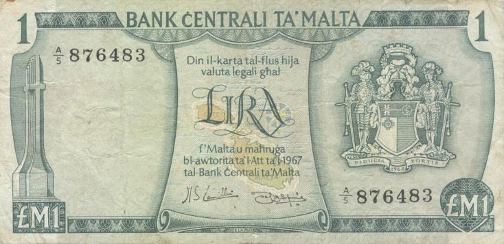 Front of Malta p31c: 1 Lira from 1973