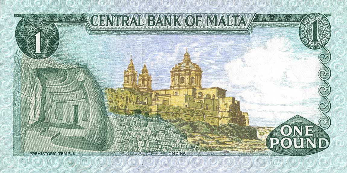 Back of Malta p31f: 1 Lira from 1973