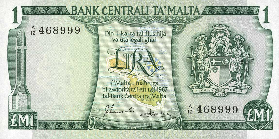 Front of Malta p31f: 1 Lira from 1973