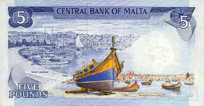 Back of Malta p32a: 5 Lira from 1973
