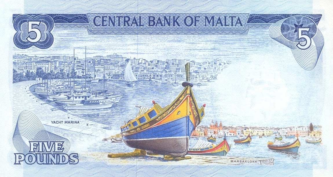 Back of Malta p32b: 5 Lira from 1973