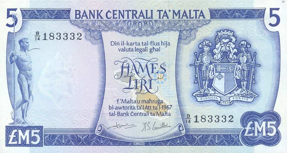 Front of Malta p32b: 5 Lira from 1973