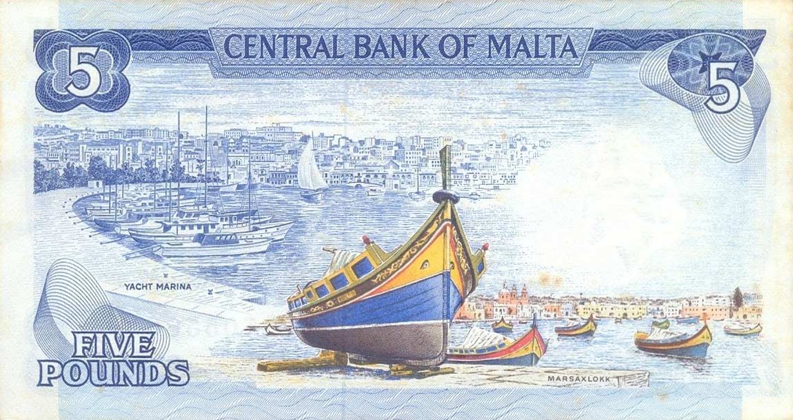 Back of Malta p32f: 5 Lira from 1973