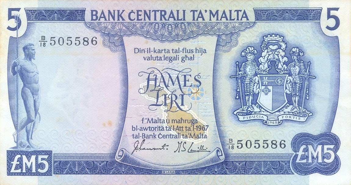 Front of Malta p32f: 5 Lira from 1973