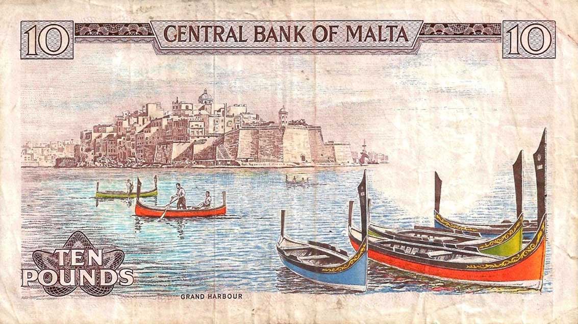 Back of Malta p33a: 10 Lira from 1973