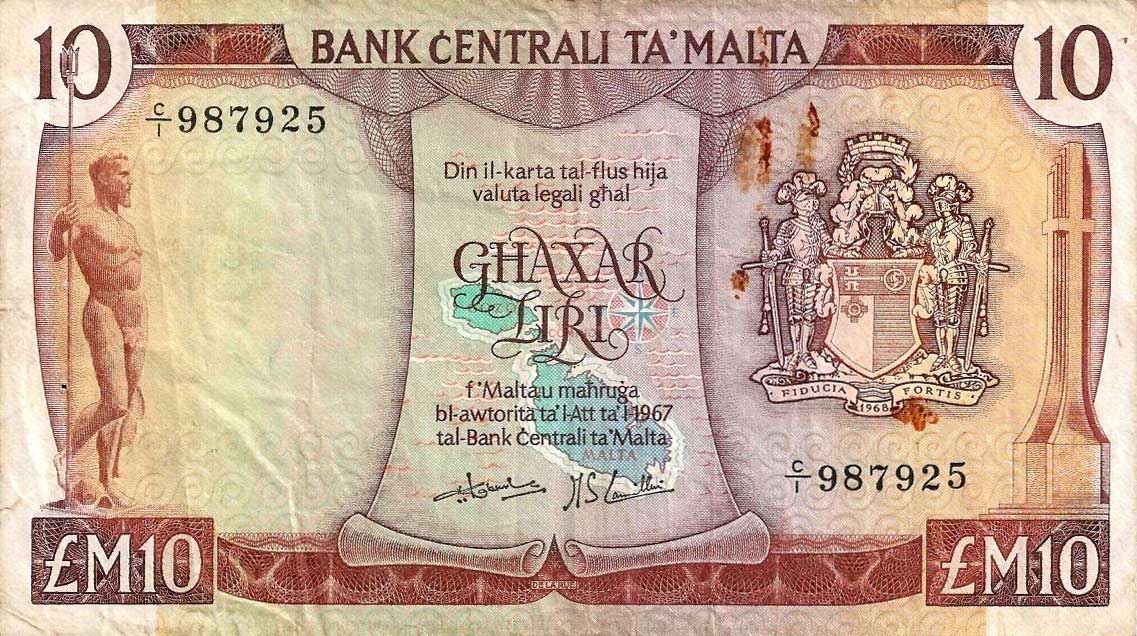 Front of Malta p33a: 10 Lira from 1973