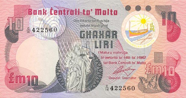 Front of Malta p36b: 10 Lira from 1979