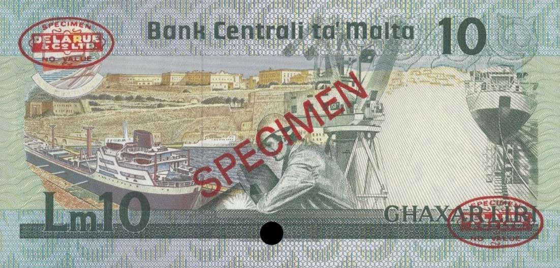 Back of Malta p39s: 10 Lira from 1986