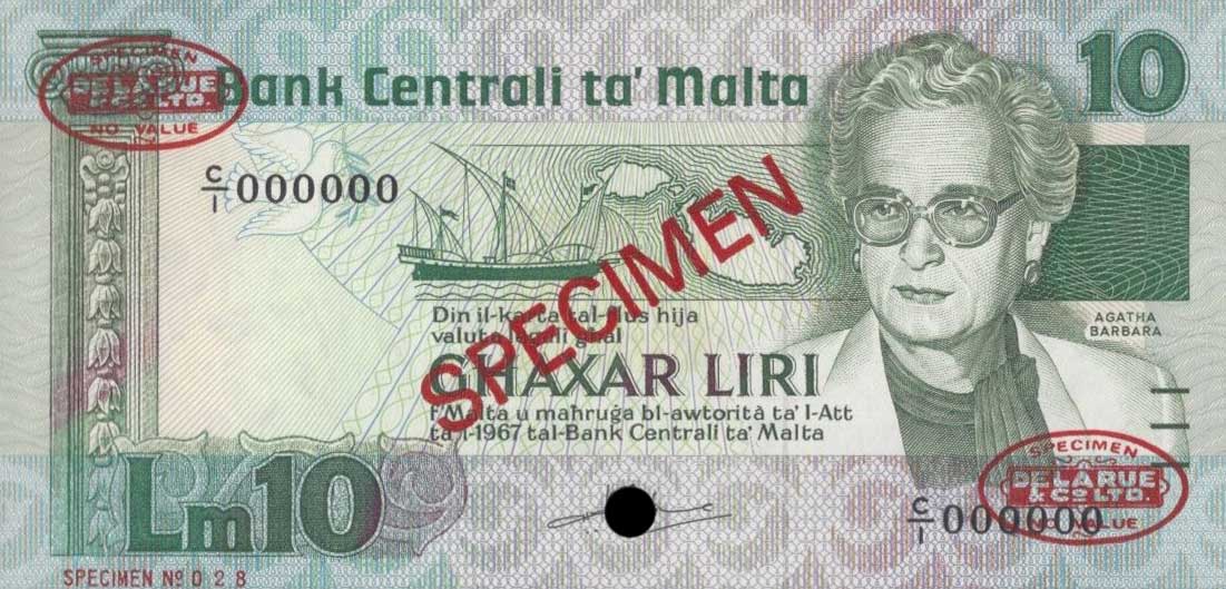 Front of Malta p39s: 10 Lira from 1986
