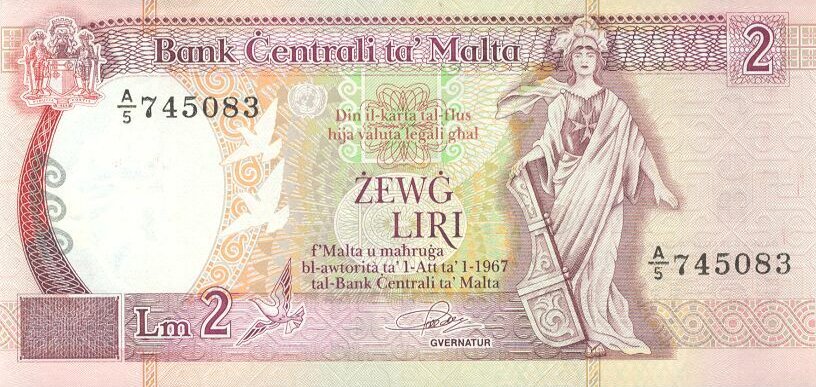 Front of Malta p41a: 2 Lira from 1989