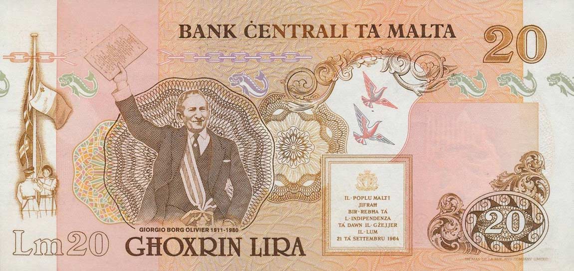Back of Malta p44a: 20 Lira from 1989