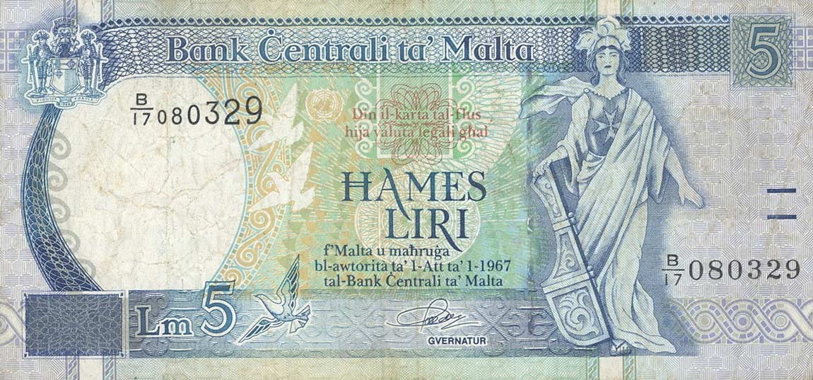 Front of Malta p46a: 5 Lira from 1994
