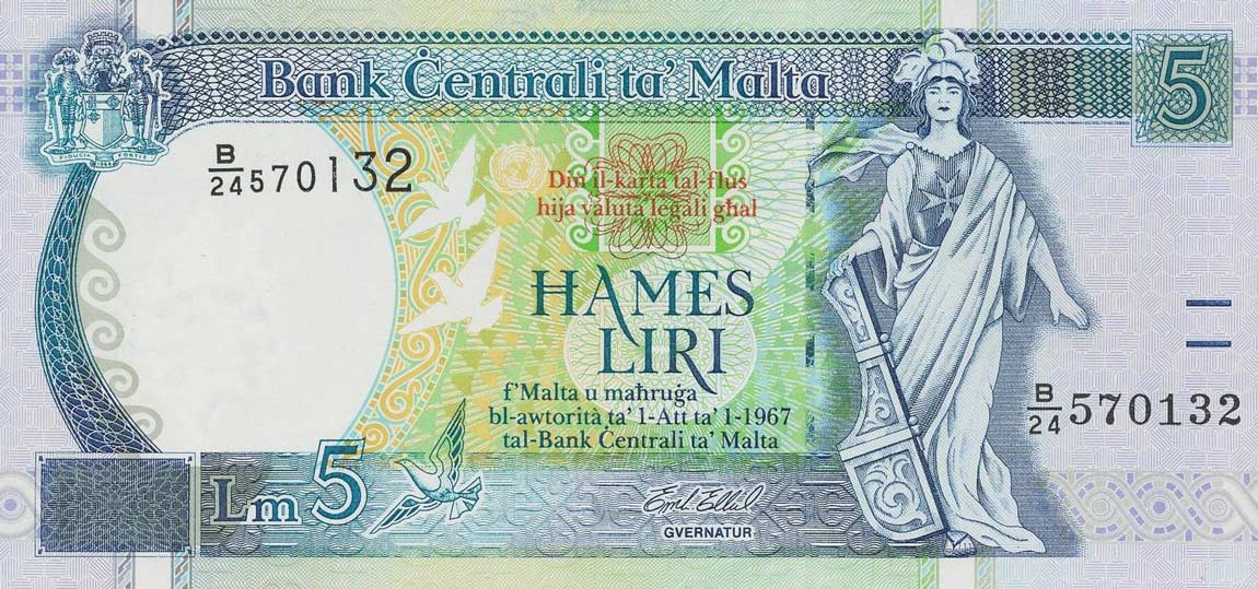 Front of Malta p46c: 5 Lira from 1994