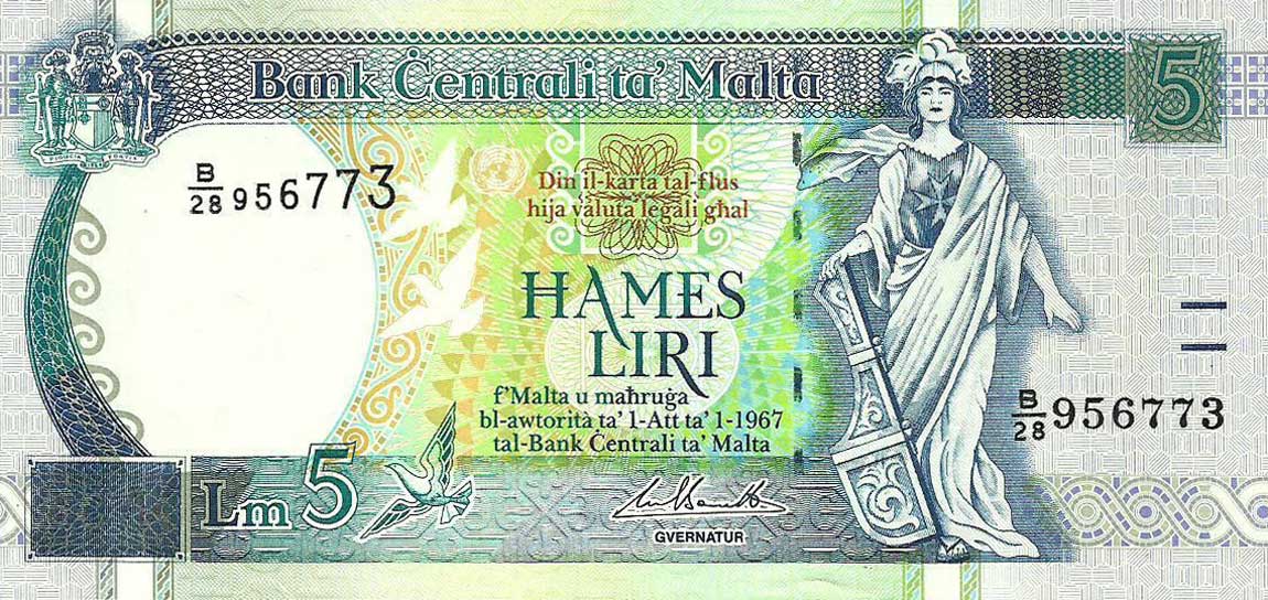 Front of Malta p46d: 5 Lira from 1994