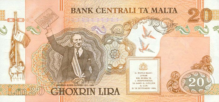 Back of Malta p48a: 20 Lira from 1994