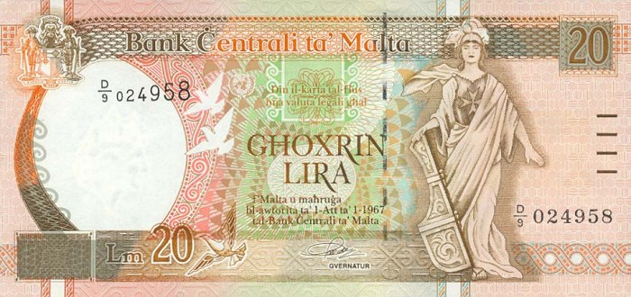 Front of Malta p48a: 20 Lira from 1994