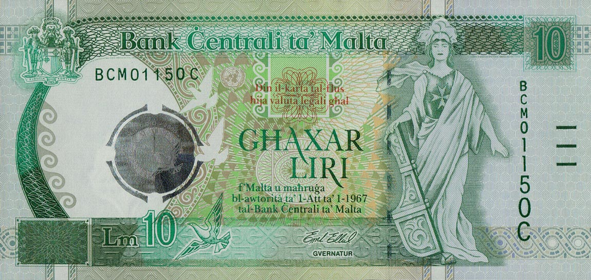 Front of Malta p51: 10 Lira from 2000