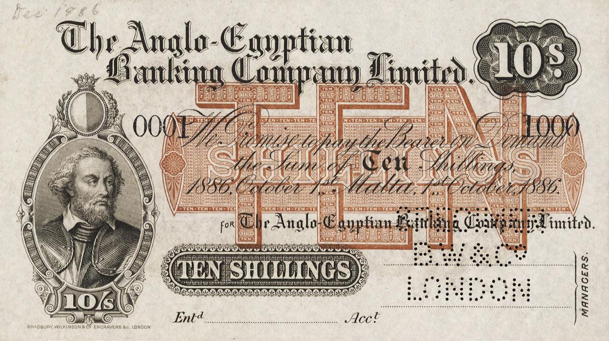 Front of Malta pS101s: 10 Shillings from 1866