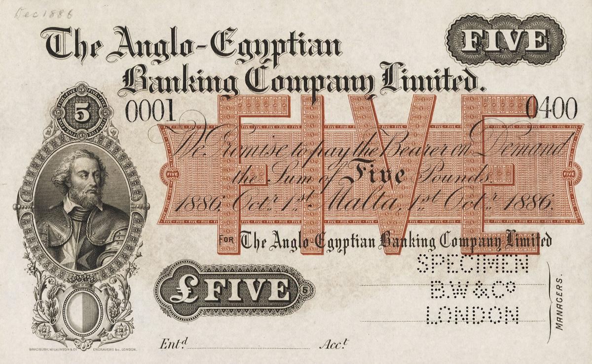 Front of Malta pS103s: 5 Pounds from 1866