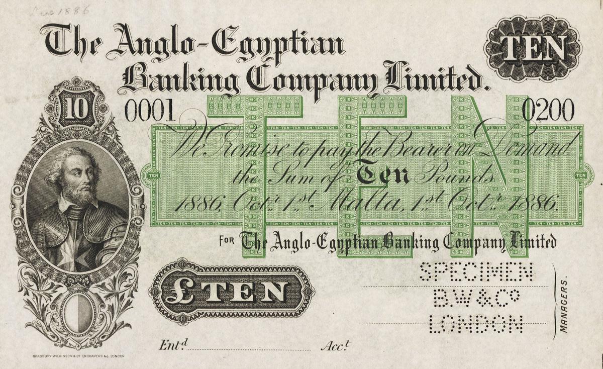 Front of Malta pS104s: 10 Pounds from 1866