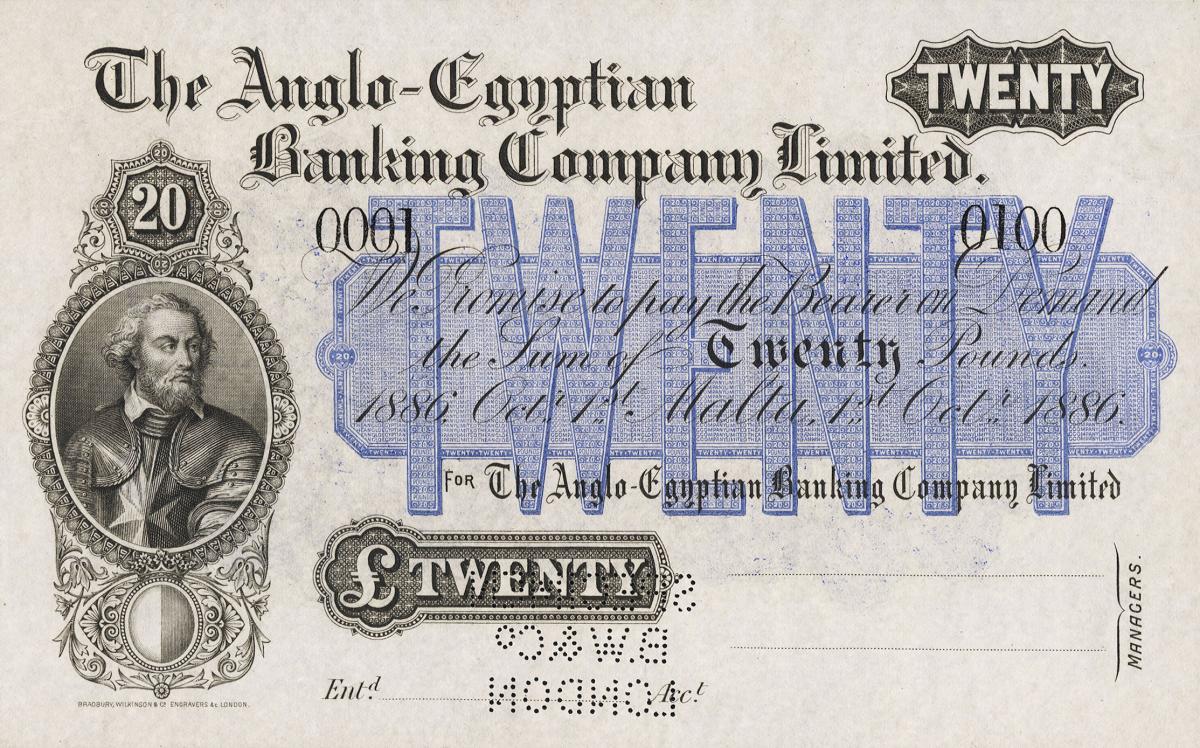 Front of Malta pS105s: 20 Pounds from 1866