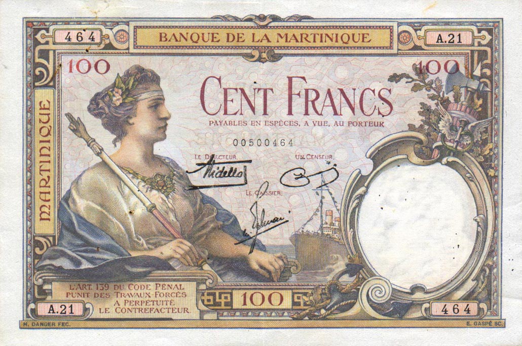 Front of Martinique p13: 100 Francs from 1932