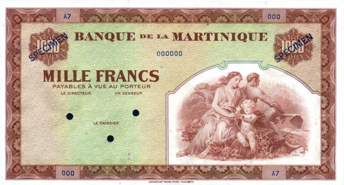 Front of Martinique p21s: 1000 Francs from 1942