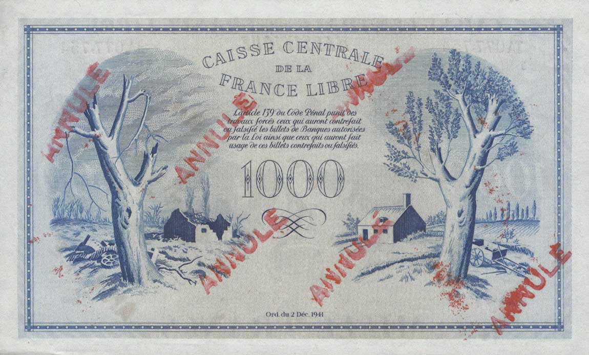 Back of Martinique p22s: 1000 Francs from 1941