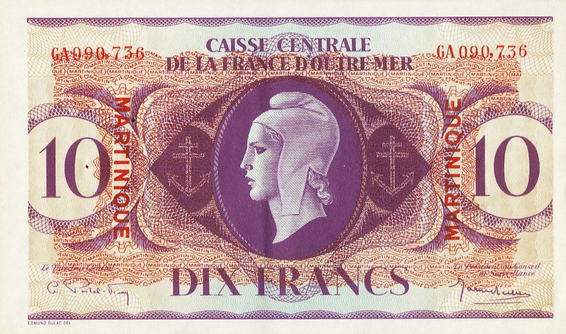 Front of Martinique p23a: 10 Francs from 1944