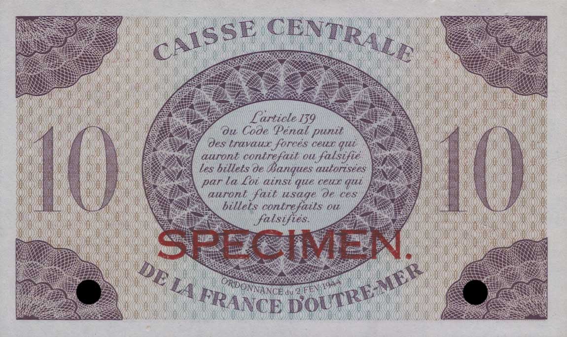 Back of Martinique p23s: 10 Francs from 1944