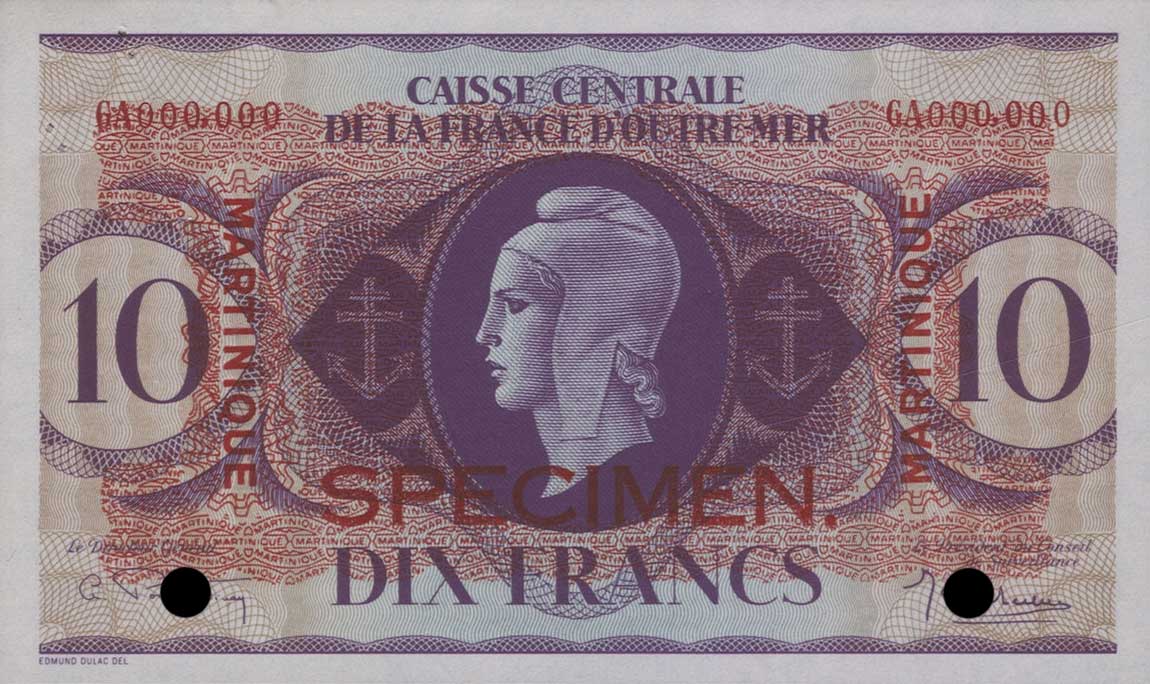 Front of Martinique p23s: 10 Francs from 1944