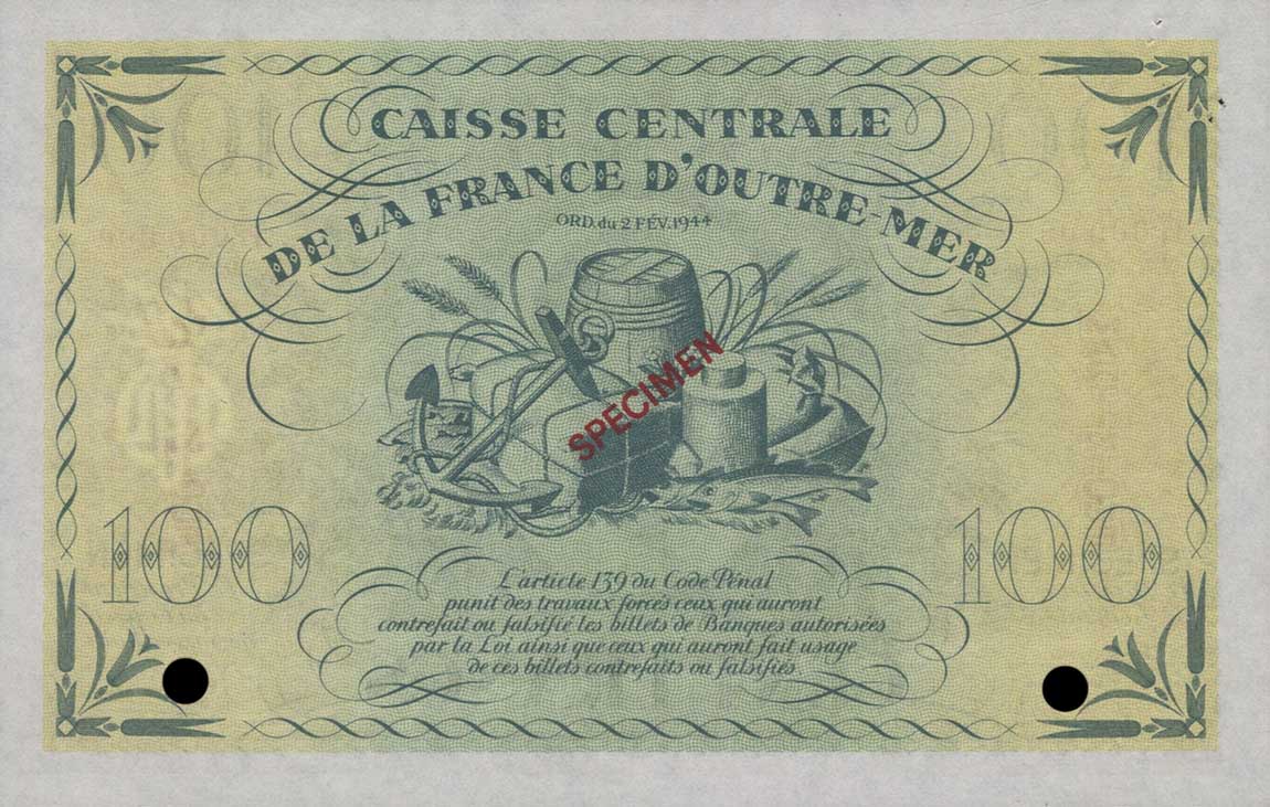 Back of Martinique p25s: 100 Francs from 1944