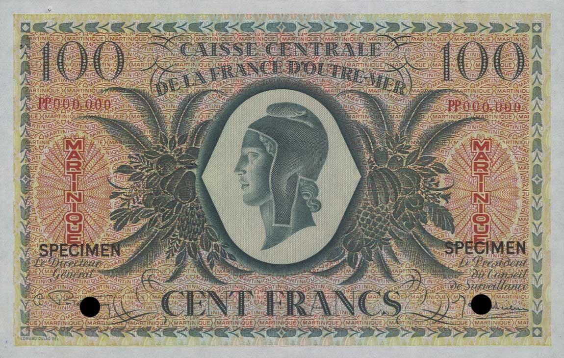 Front of Martinique p25s: 100 Francs from 1944