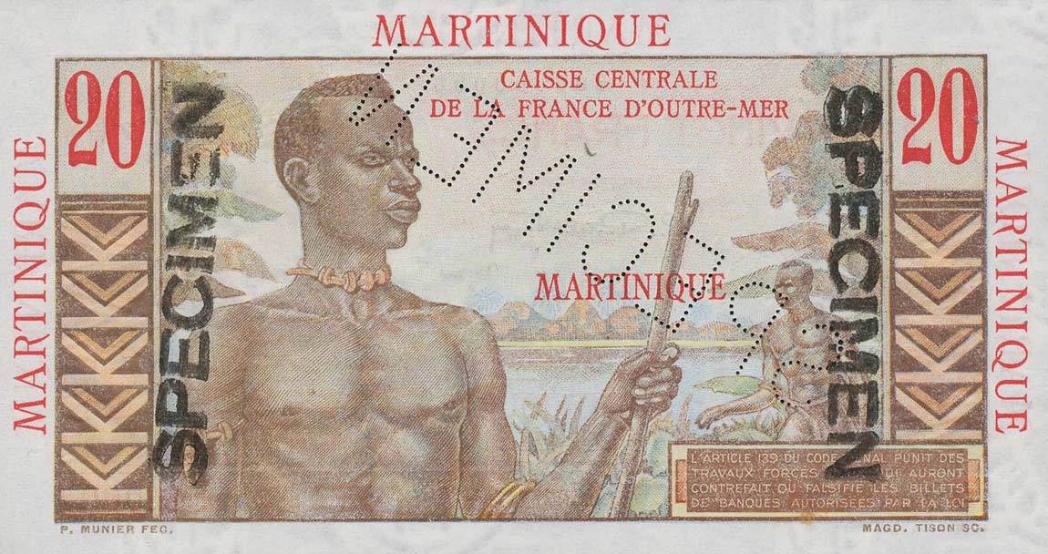 Back of Martinique p29s: 20 Francs from 1947