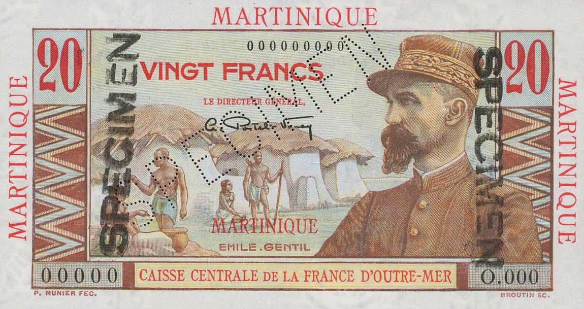Front of Martinique p29s: 20 Francs from 1947