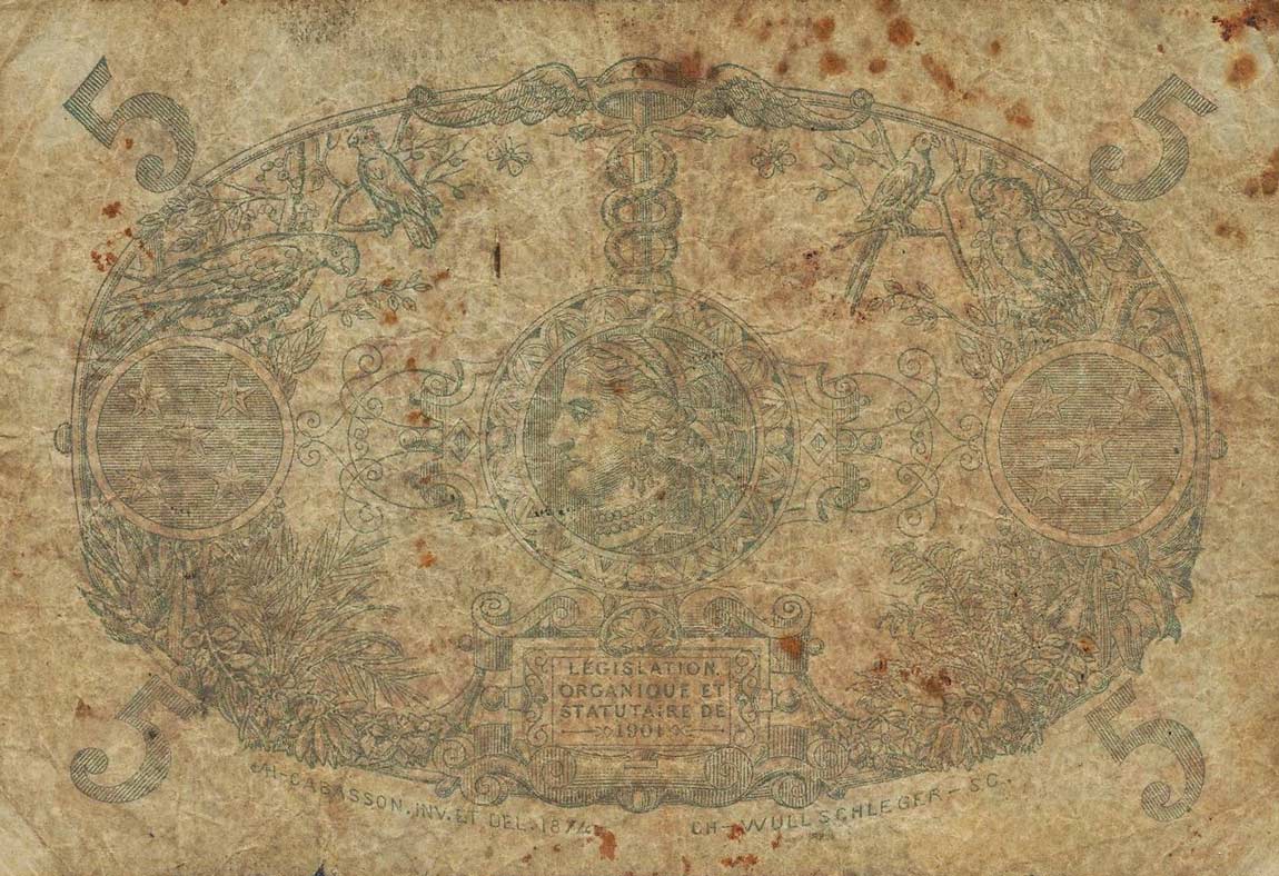 Back of Martinique p6A: 5 Francs from 1901
