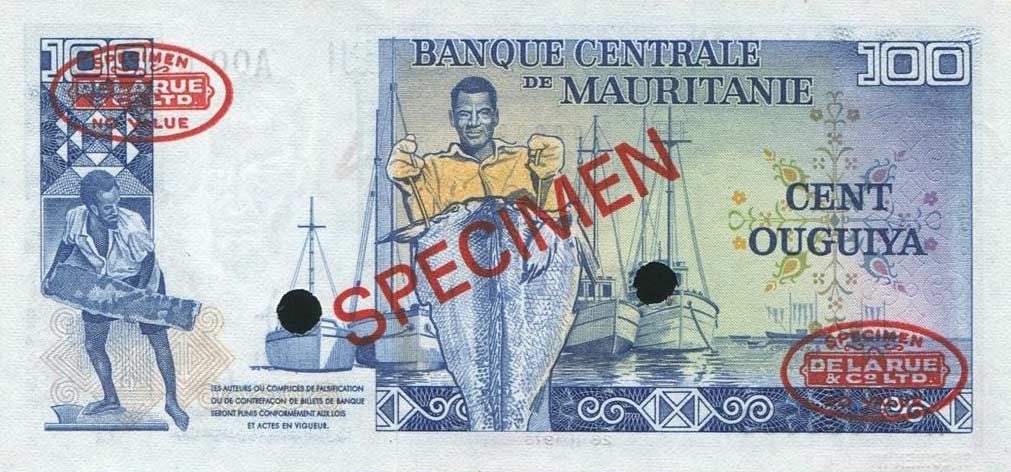 Back of Mauritania p3As: 100 Ouguiya from 1975