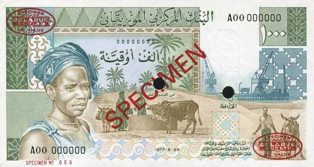 Front of Mauritania p3Cs: 1000 Ouguiya from 1977
