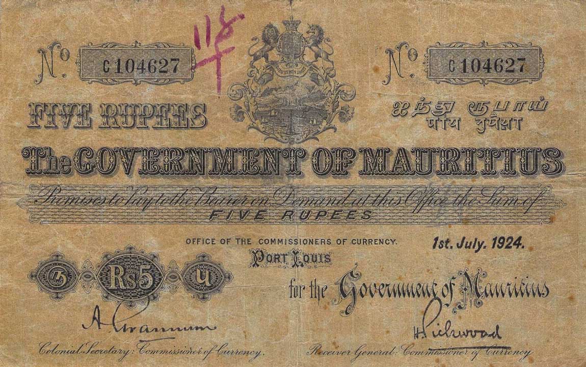 Front of Mauritius p16: 5 Rupees from 1914