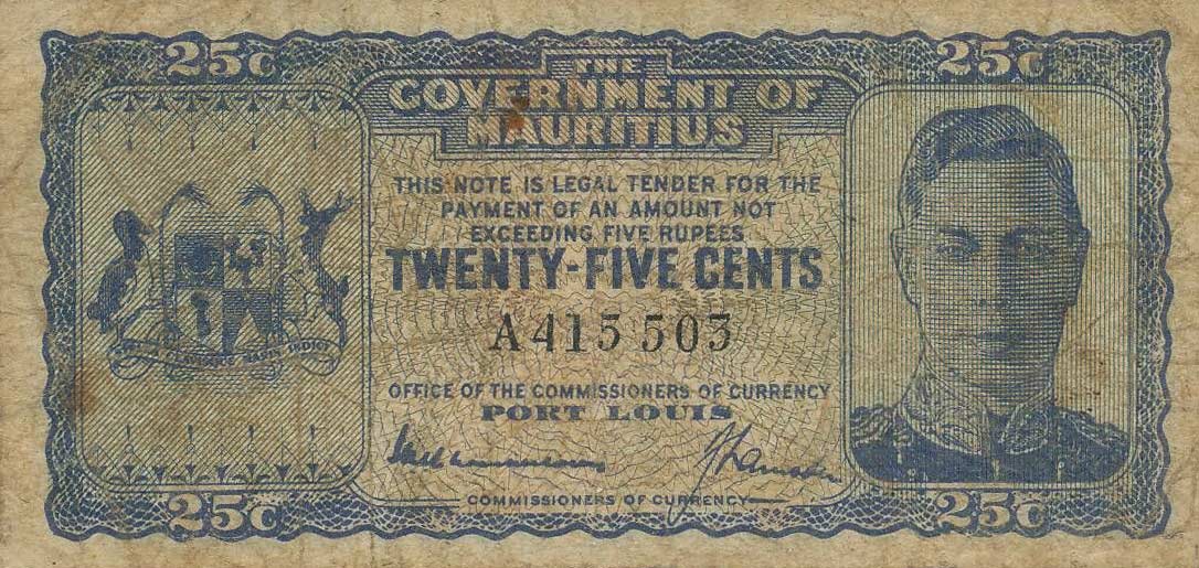 Front of Mauritius p24a: 25 Cents from 1940