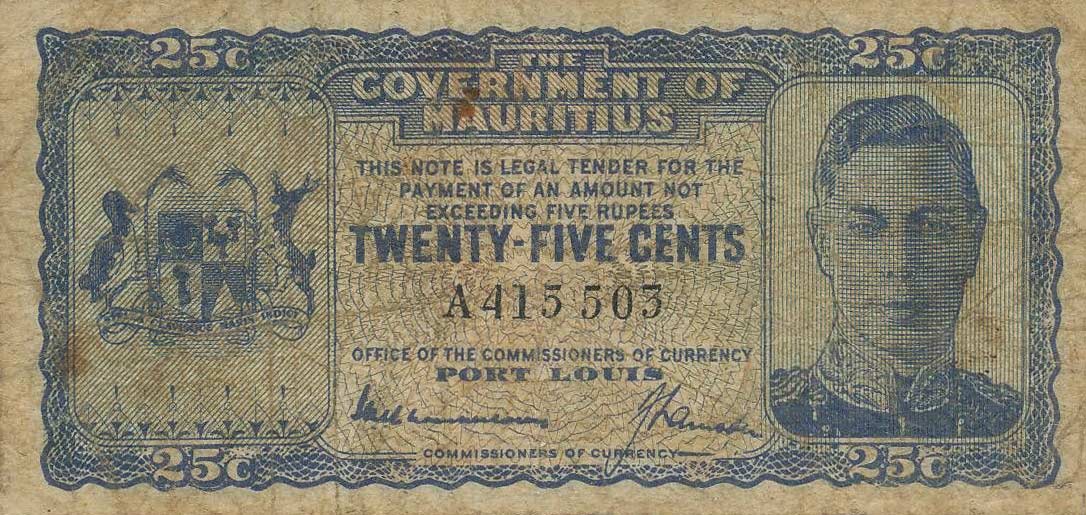 Front of Mauritius p24a: 25 Cents from 1940