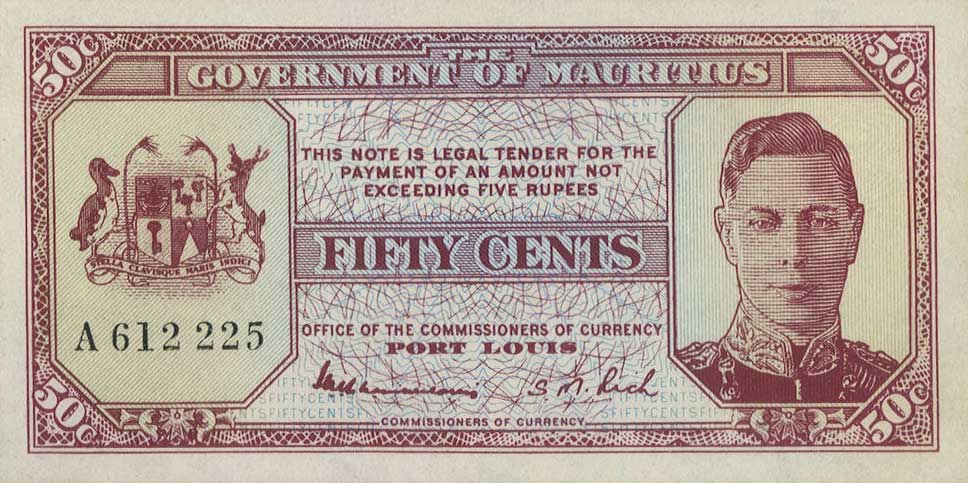 Front of Mauritius p25b: 50 Cents from 1940