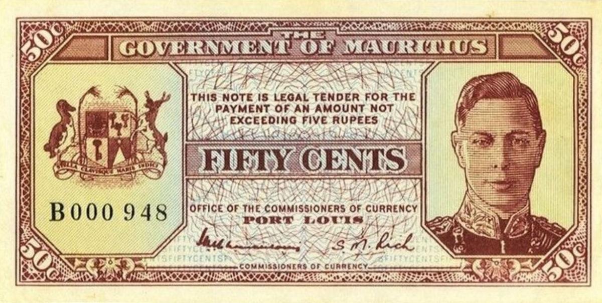 Front of Mauritius p25c: 50 Cents from 1940