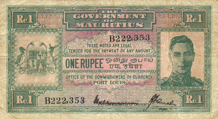 Front of Mauritius p26a: 1 Rupee from 1940